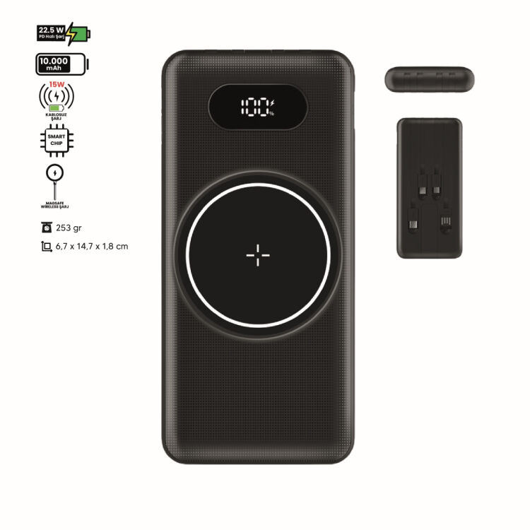 POLLY POWERBANK SİYAH 10.000 MAH 22,5W PD HIZLI ŞARJ 15,5W MAGSAFE